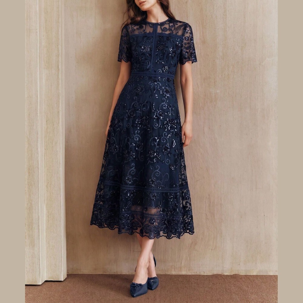 Navy Sequin Floral Embroidered Mesh Scalloped Hem Maxi Dress